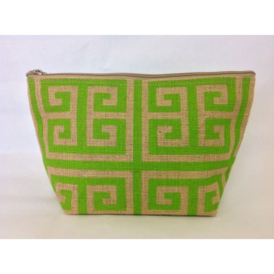8 - LIME GREEN & TAN GREEK KEY JUTE POUCH BAG
